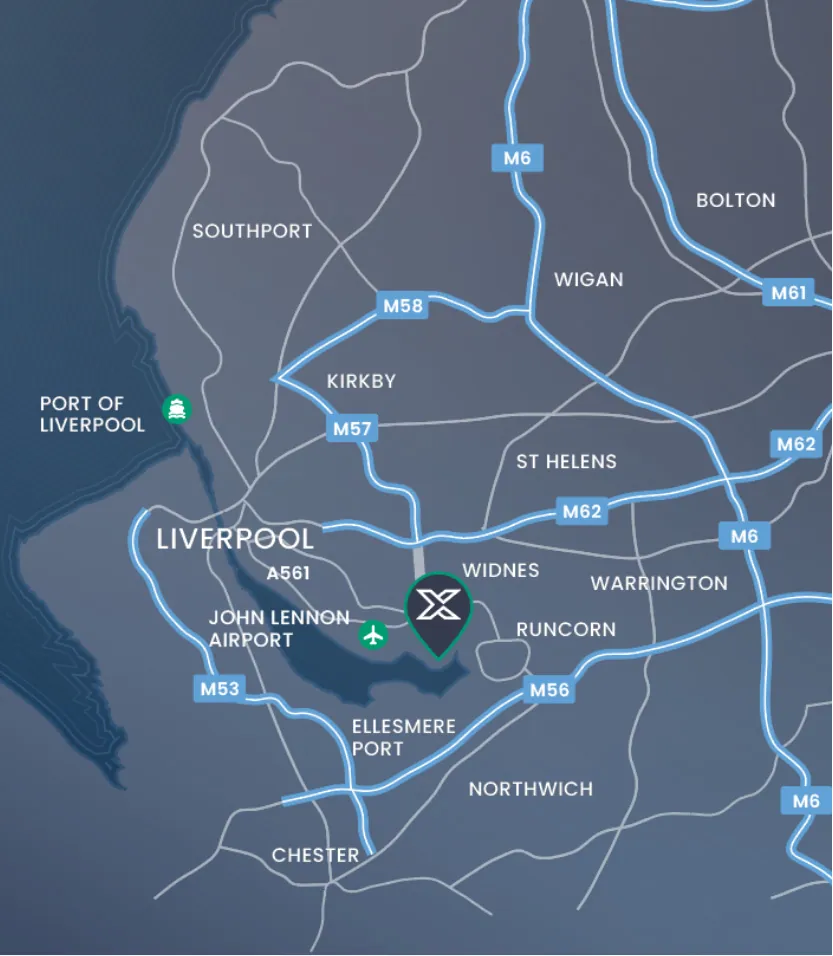Map of the Liverpool City Region showing XDock 549 at Widnes, with the M62, M57, M56 and M6 motorways, Liverpool John Lennon Airport and the Port of Liverpool