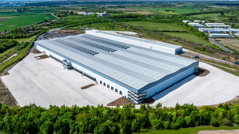 Aerial view of the completed XDock 549 warehouse and yard in open countryside