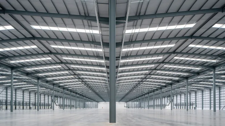 Inside the empty XDock 549 warehouse with LED lighting and steel portal frame
