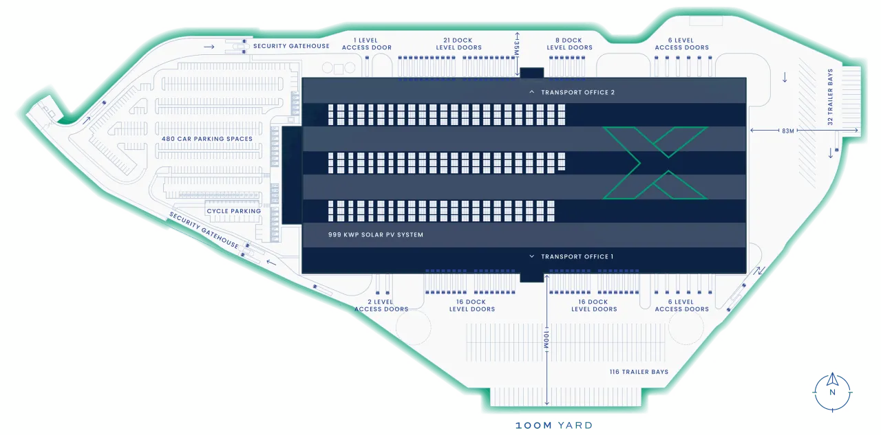 Site plan of XDock 549: cross dock warehouse with 37 dock and 15 level access doors, transport offices, security gatehouses, 480 car parking spaces, cycle parking, trailer bays and the 100m yard